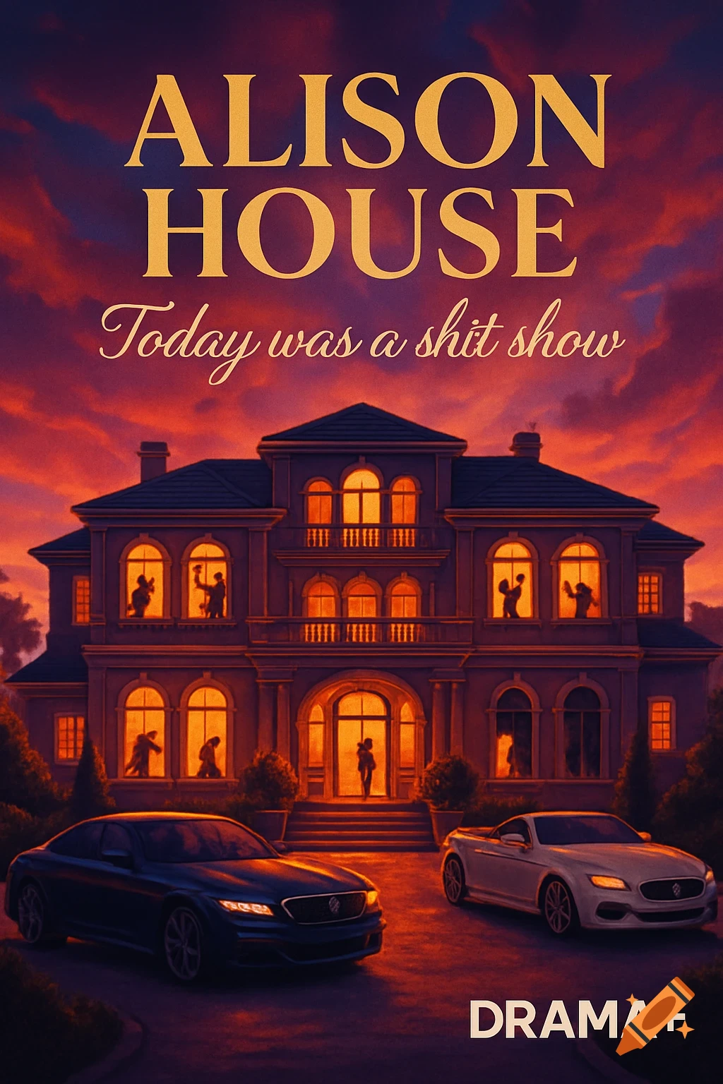 Poster for 'Alison House' TV show with a mansion at sunset, glowing windows showing silhouetted figures, and two luxury cars in the driveway.