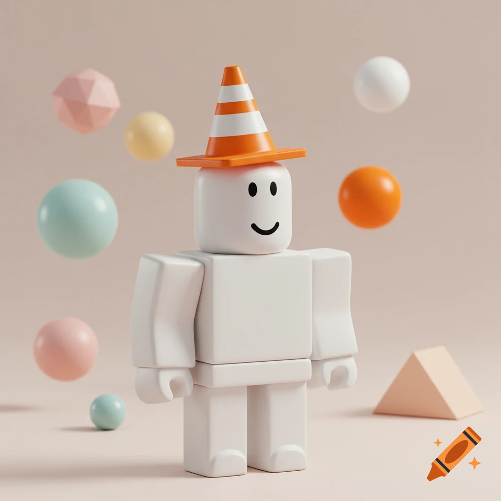 A 3D render of a white Roblox-style character with a traffic cone on its head, standing amidst colorful floating geometric shapes.