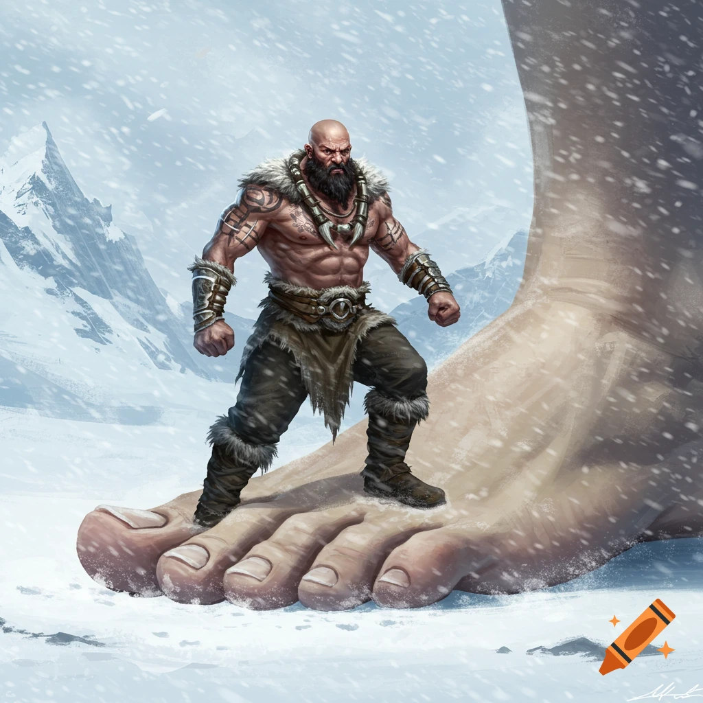 A muscular, bald, bearded warrior with tattoos stands on a giant foot in a snowy, mountainous landscape. Digital fantasy art.