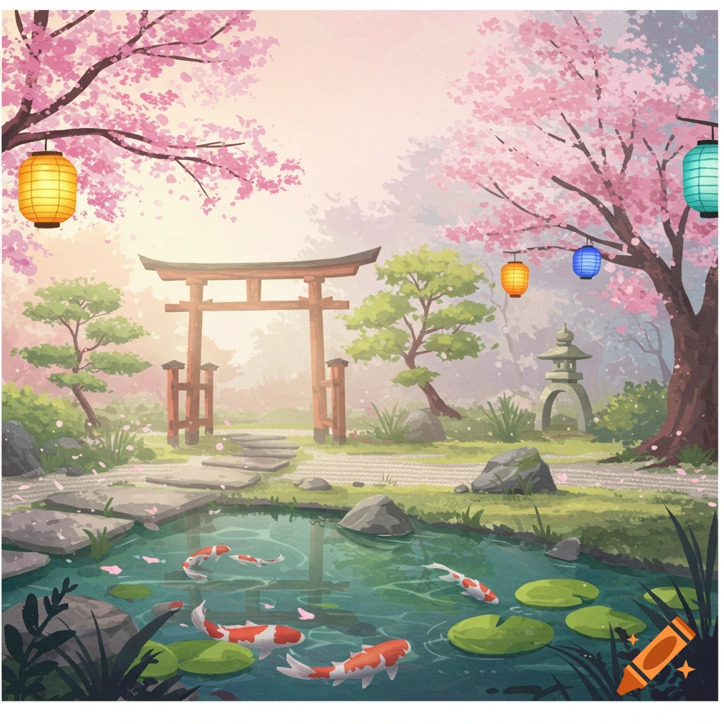 A serene Japanese garden with a torii gate, cherry blossom trees, glowing lanterns, and koi fish in a pond, in an illustration style.
