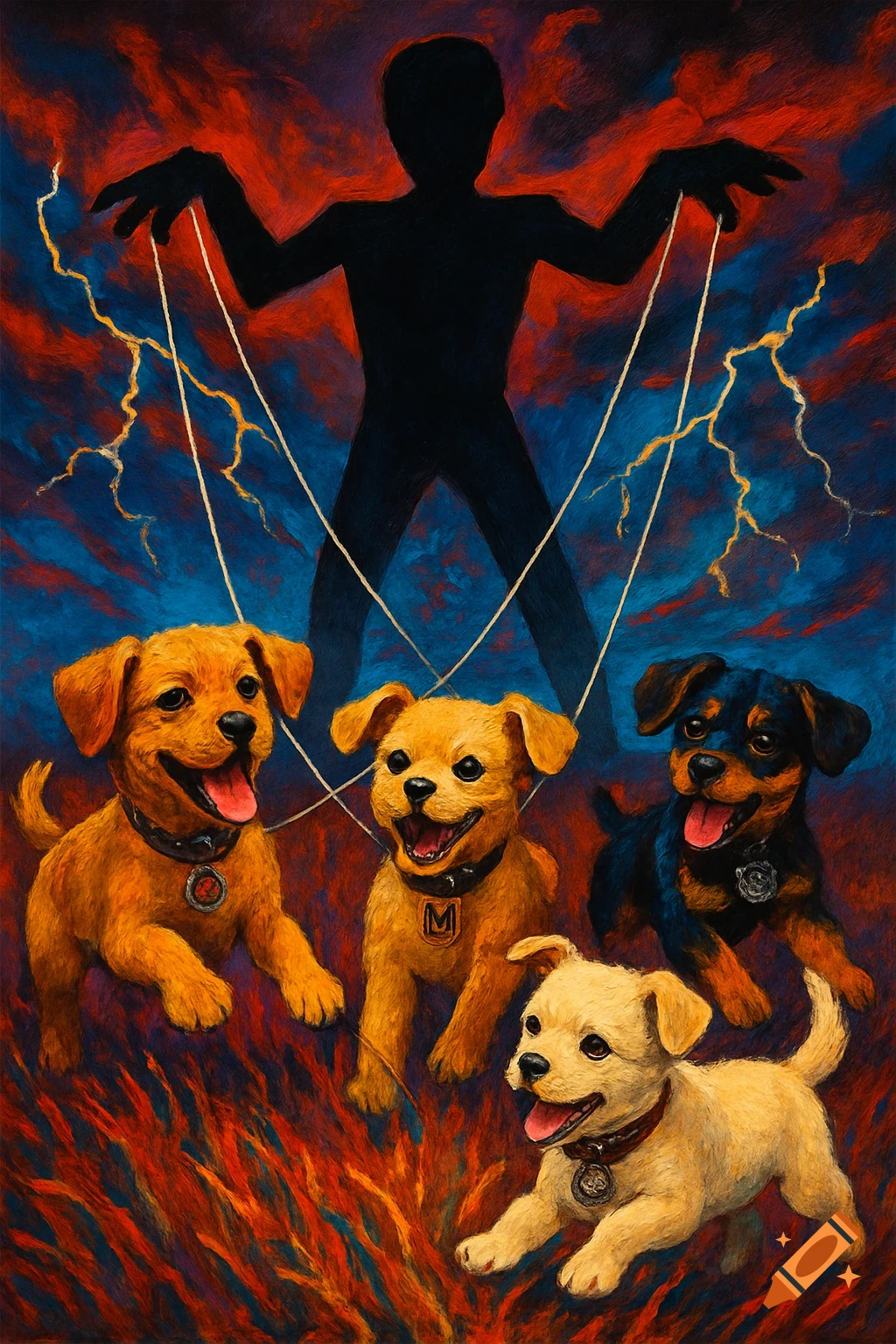 A dark silhouette puppets four smiling puppies above a fiery landscape, resembling album art.