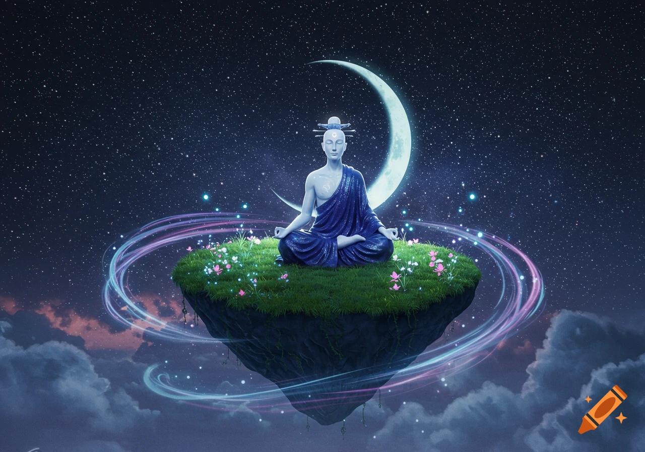 A stylized blue-skinned figure resembling Buddha meditates on a floating grassy island under a starry night sky with a crescent moon and glowing ethereal rings.