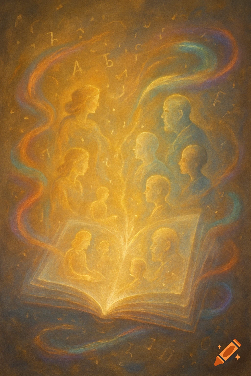 An ethereal, golden-toned painting of an open book radiating light, surrounded by glowing, ghost-like figures of people and abstract shapes.