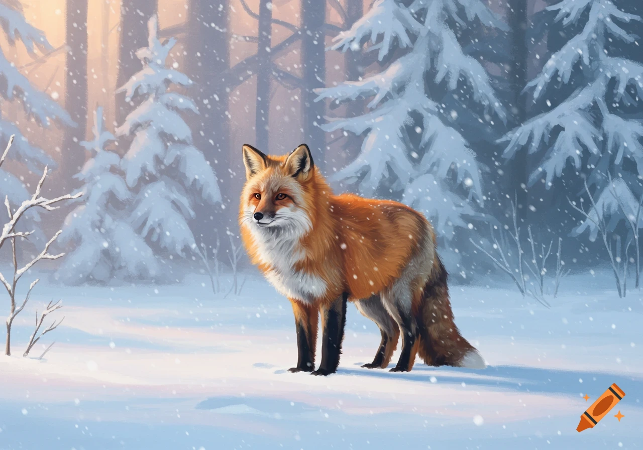An orange fox stands in a snowy forest with large pine trees and falling snow, digital painting.