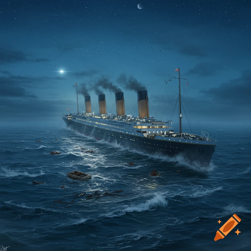 A large ocean liner, the Titanic, sinks into the dark, choppy sea at night with debris and lifeboats in the water under a starry sky.