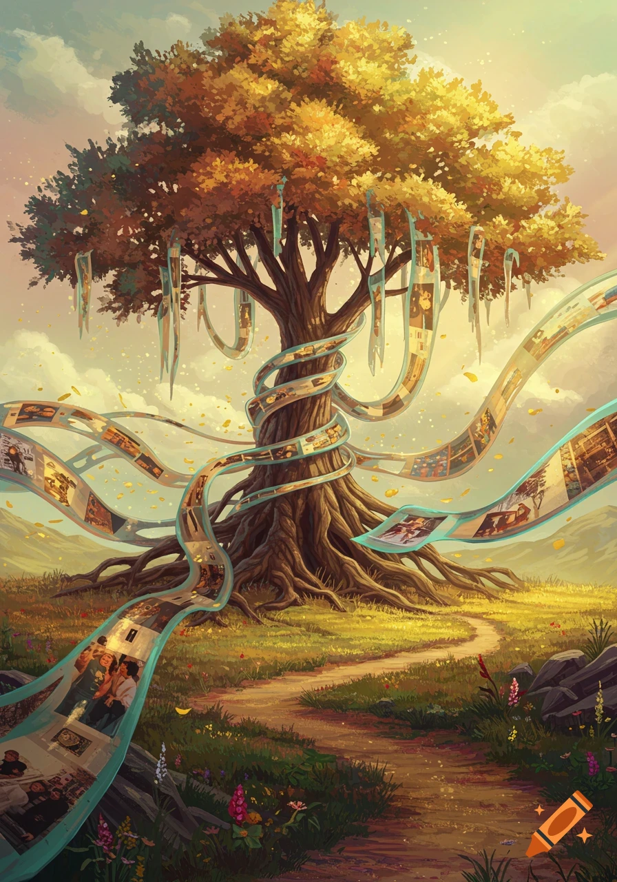 A vibrant, tall tree with golden leaves in a grassy field, entwined with flowing ribbons of photographs, under a bright sky.