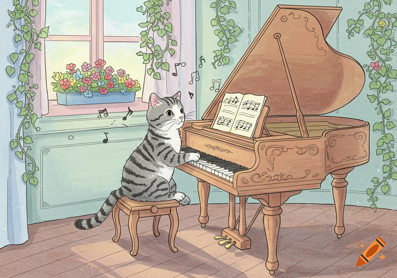 A gray striped cat sits on a stool, playing a grand piano in a room with a window and potted plants. Musical notes float above.