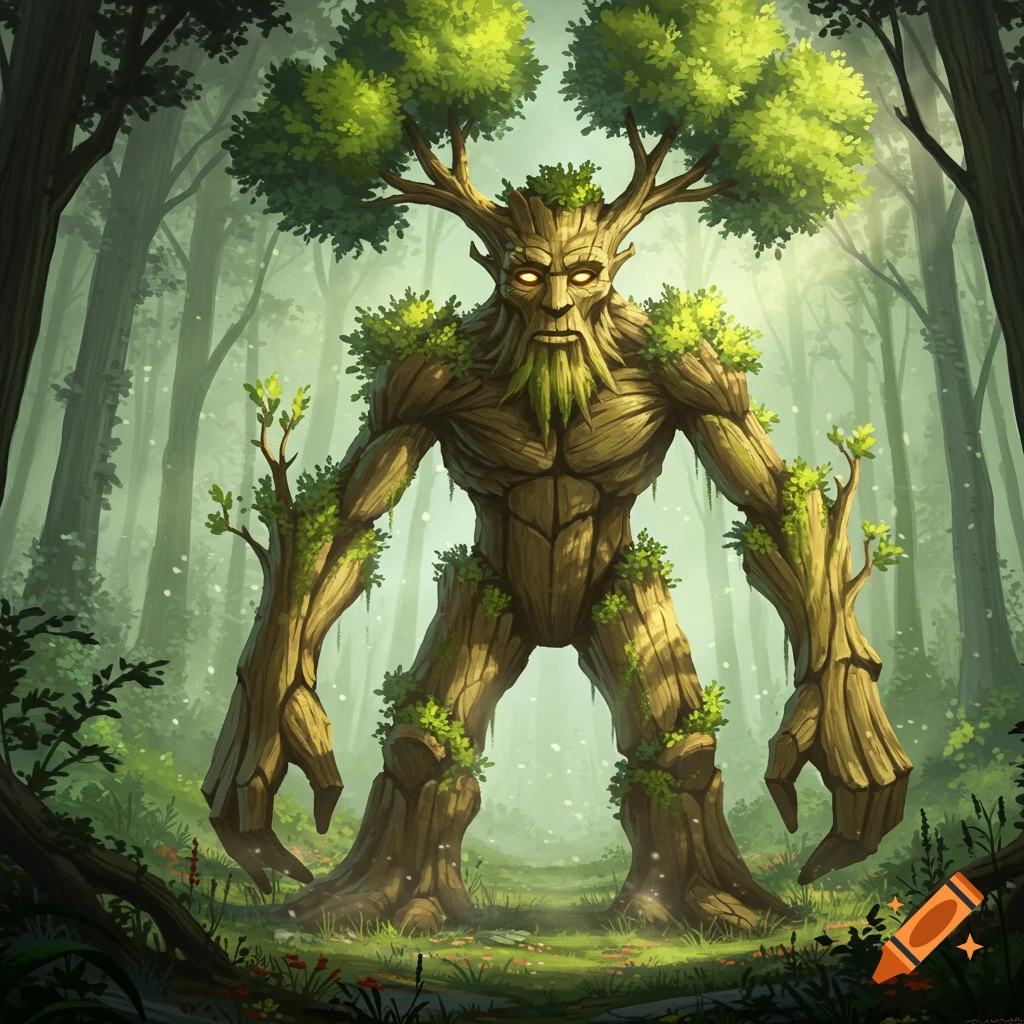 A large, imposing tree giant with glowing eyes and green foliage stands in a misty forest, looking like an ancient guardian.