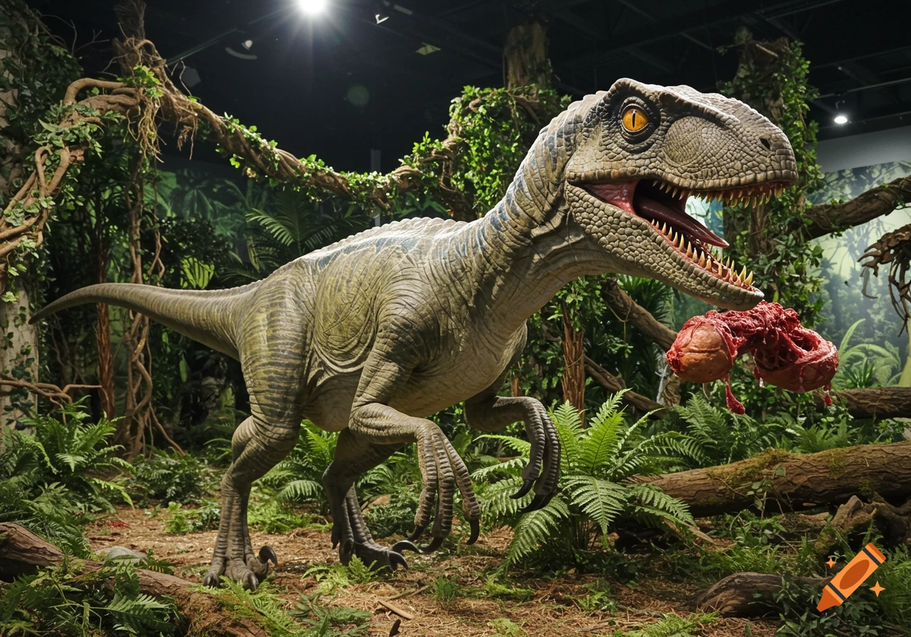 A lifelike velociraptor animatronic stands in a dense jungle exhibit, holding chunks of raw meat in its open mouth.