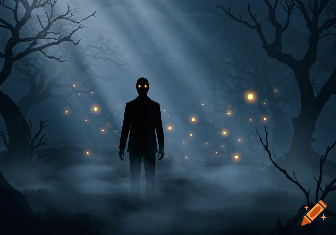 A shadowy figure with glowing yellow eyes stands in a dark, misty forest illuminated by light rays and glowing orbs.