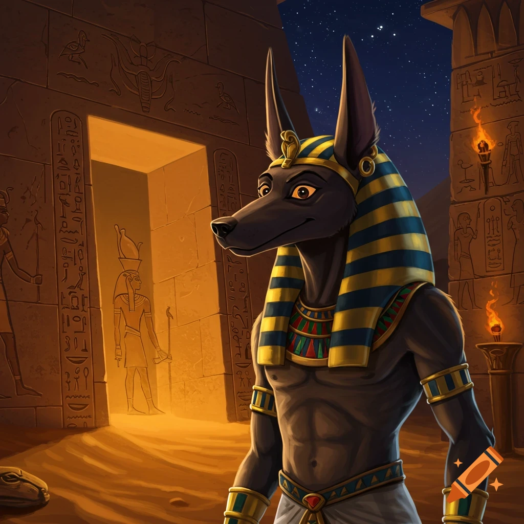 Anubis, the Egyptian god with a jackal head, stands in an ancient temple with hieroglyphics and torches at night.