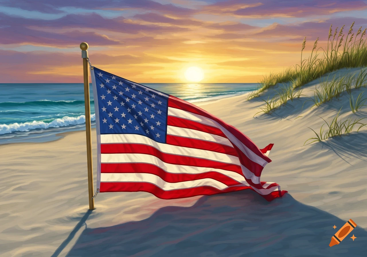 An American flag on a pole stands in the sand on a beach, with waves crashing in the ocean under a vibrant sunset.
