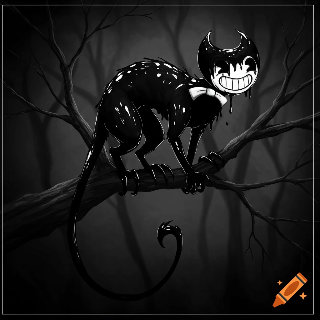 Black and white ink creature with a wide grin and horns, dripping ink, perched on a dark tree branch in a creepy forest.