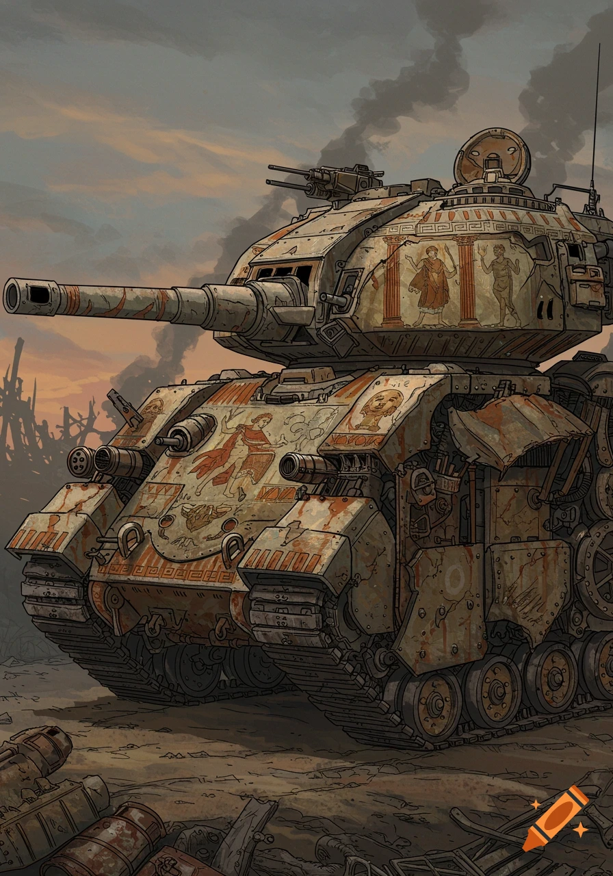 Highly detailed science fiction tank with ancient Greek murals, made from junk, in a grimdark, war-torn landscape, illustrated in ink and watercolor.