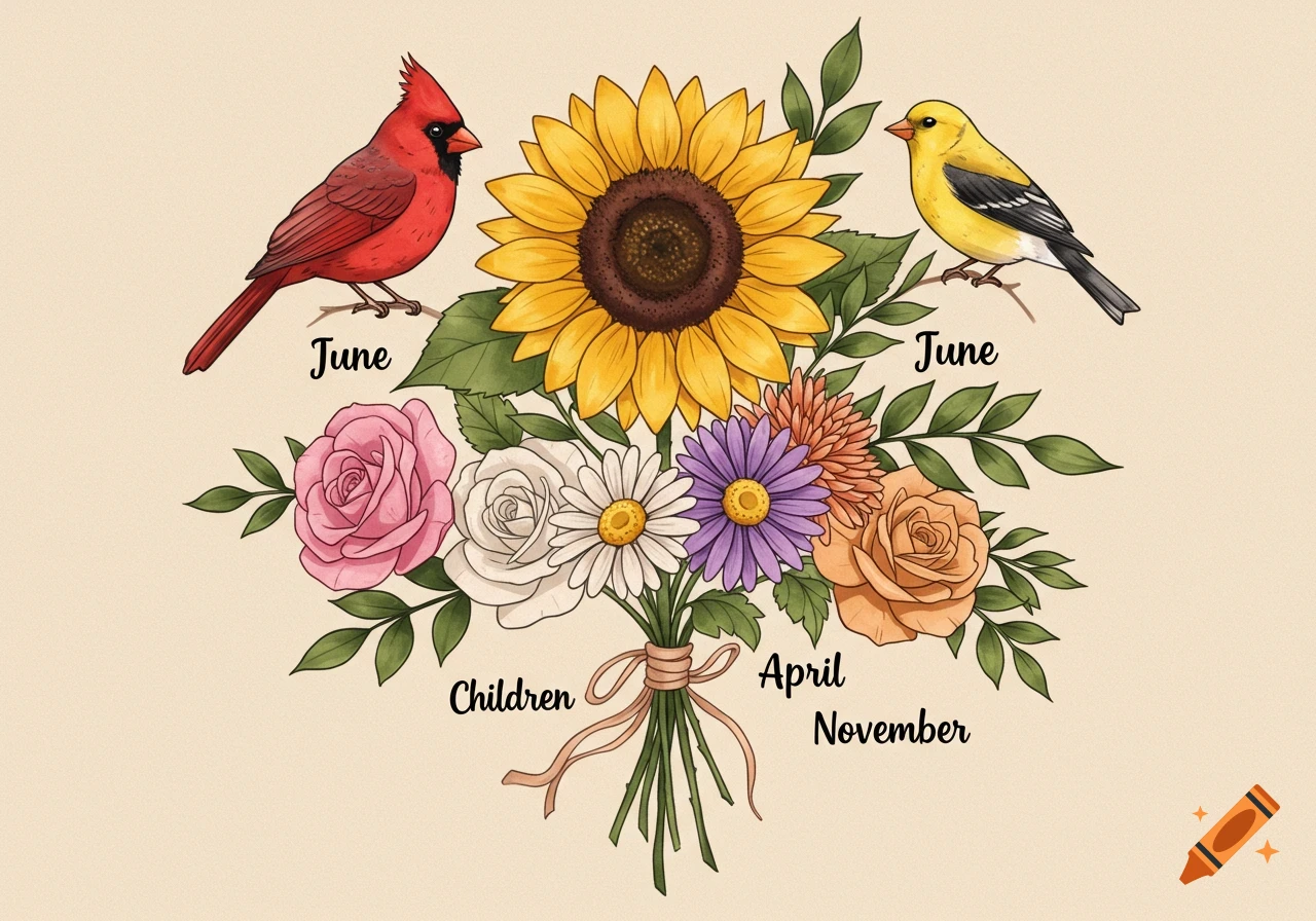 A colorful watercolor illustration of a floral bouquet with a red cardinal and a yellow finch. Text labels include 'June', 'Children', 'April', and 'November'.