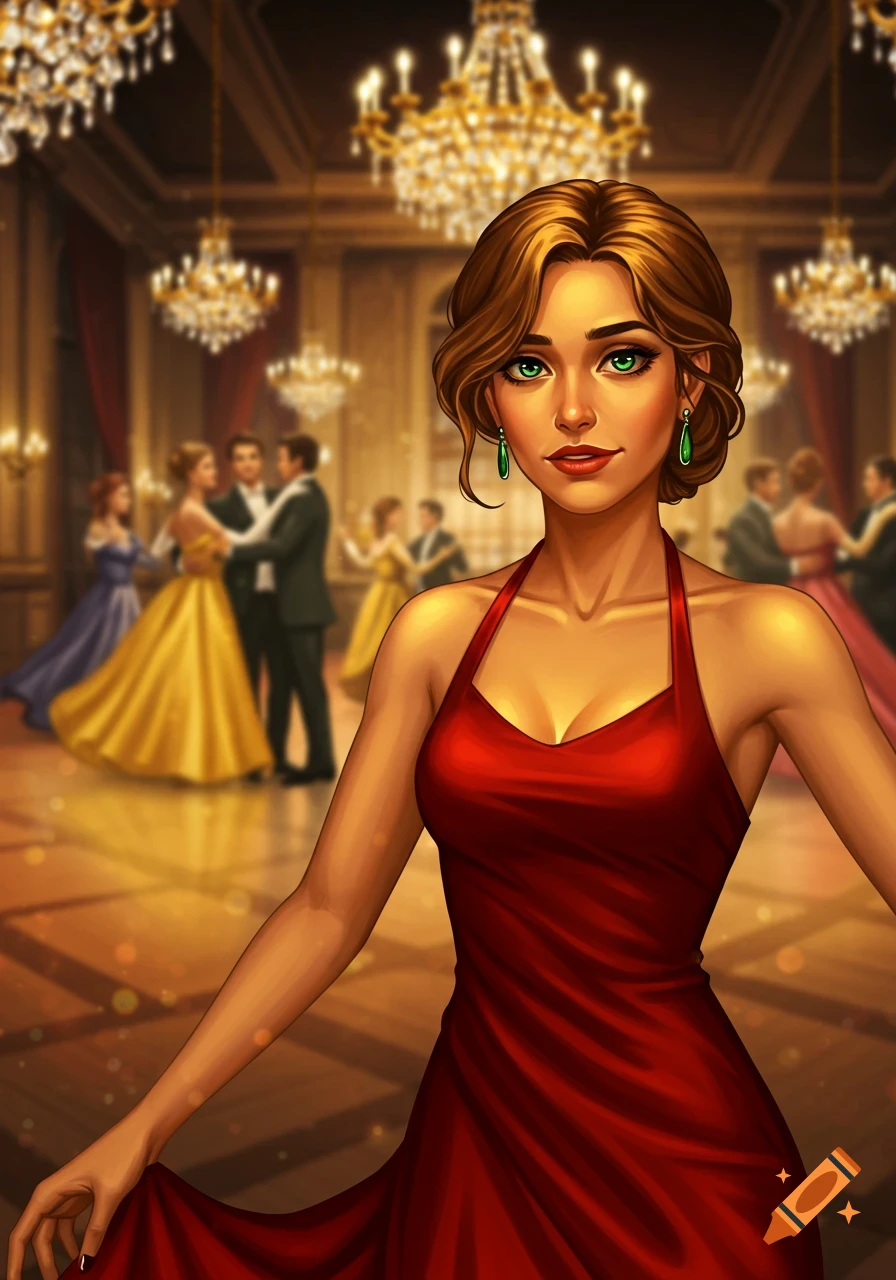 Stylized illustration of a woman in a red dress at a ballroom, with blurred dancing couples.