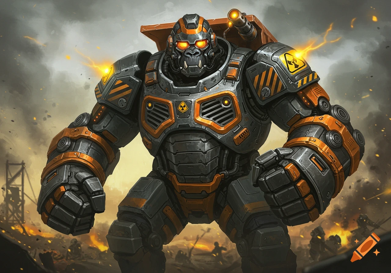 A heavily armored, gorilla-like robot mech with orange and gray plating, glowing yellow eyes, and hazard symbols, stands amidst a smoky, war-torn landscape.