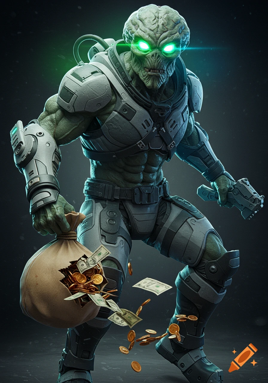 A menacing green alien in futuristic armor holds a torn money bag spilling gold coins and dollar bills, holding a weapon.