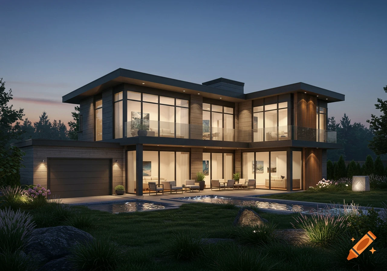A photorealistic modern two-story house with large windows and an outdoor patio at dusk, surrounded by lush landscaping.
