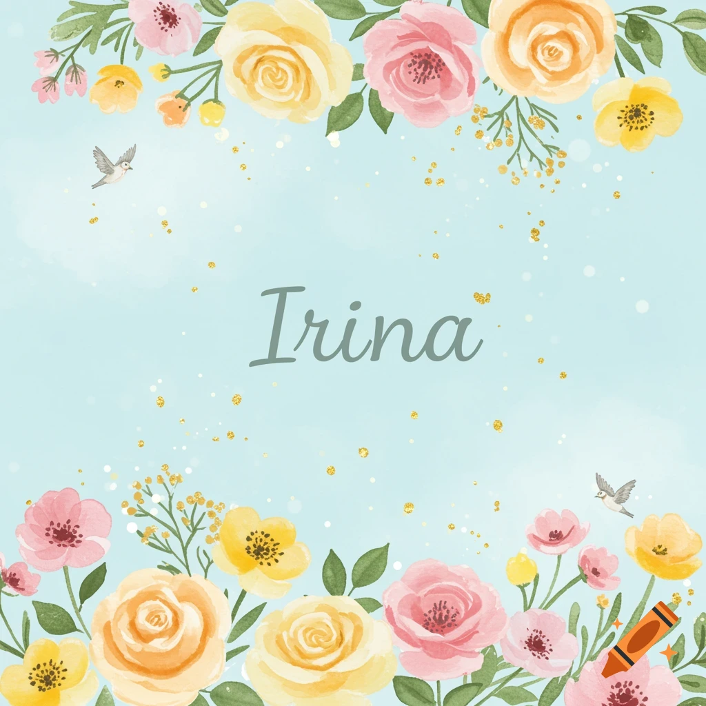 Watercolor greeting card with pink, yellow, and orange flowers bordering a light blue background. 'Irina' is in the center with birds and glitter.