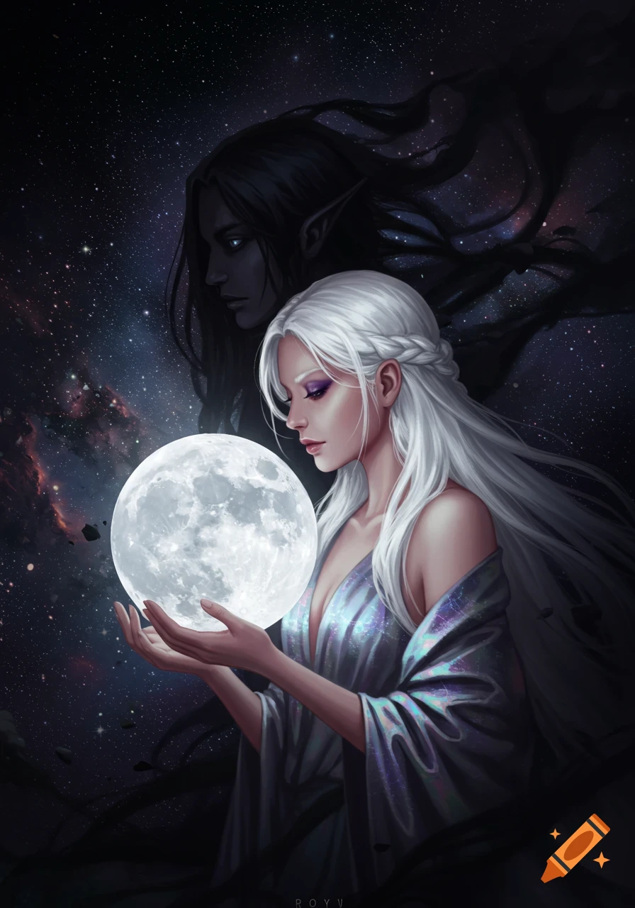 A white-haired fantasy woman holds a glowing full moon, with a shadowy figure behind her against a starry space background.
