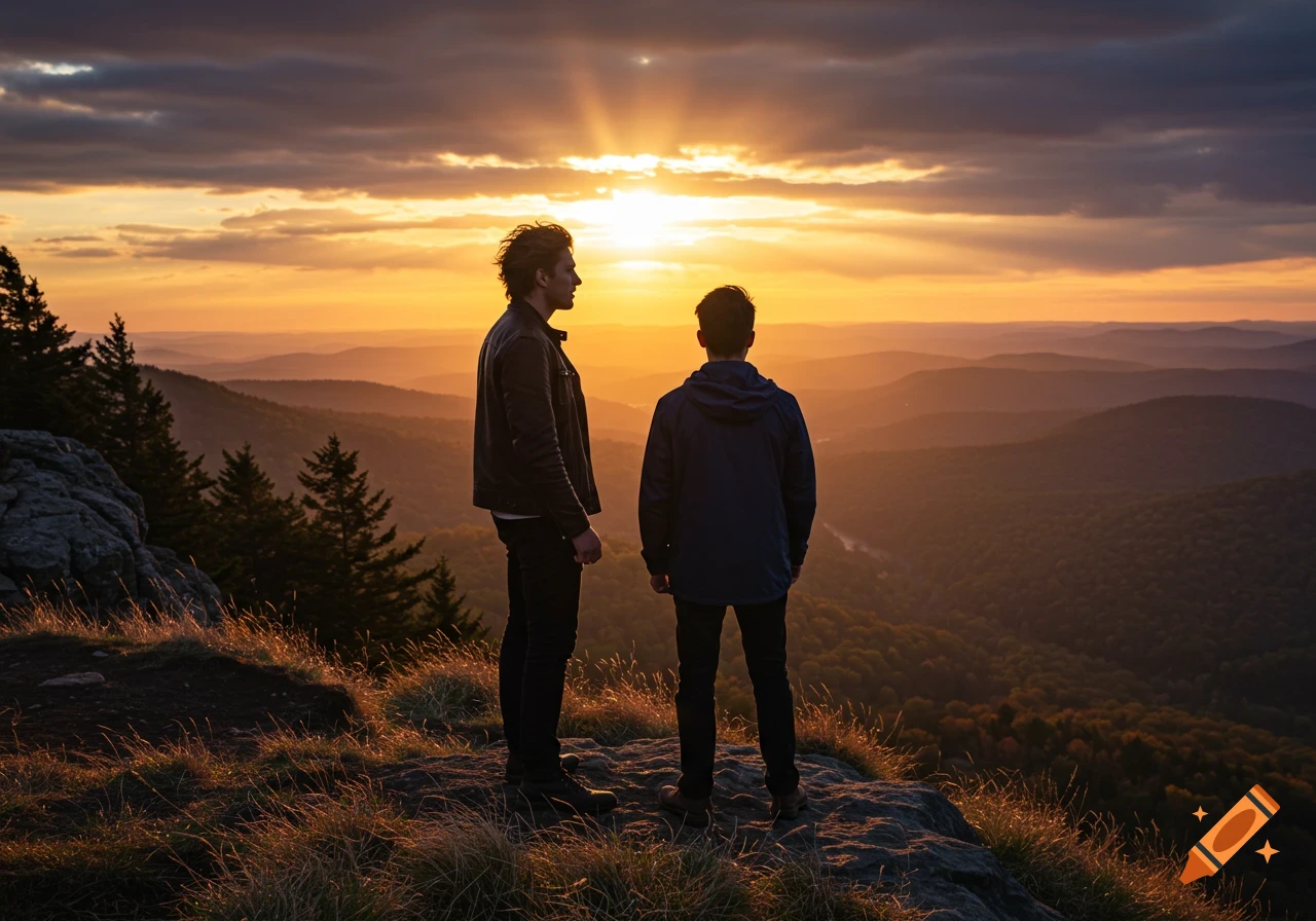 Two men stand on a cliff overlooking a vast mountain range at sunset, with an orange sky and sun rays.
