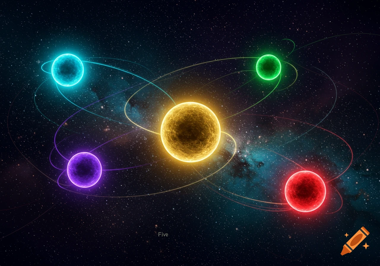 Five colorful, glowing orbs with orbital lines in deep space, featuring a starry background and nebula.