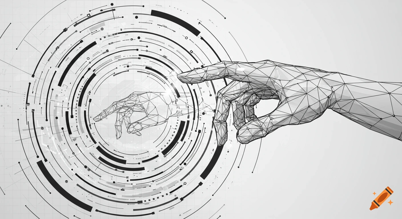 Stylized black and white graphic depicting two wireframe hands reaching towards each other amidst concentric tech patterns.