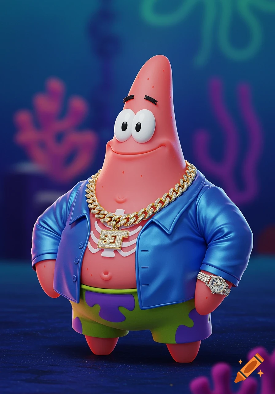 A 3D cartoon rendering of Patrick Star from SpongeBob SquarePants wearing a blue jacket, a gold chain with a pendant, and a diamond-encrusted watch.