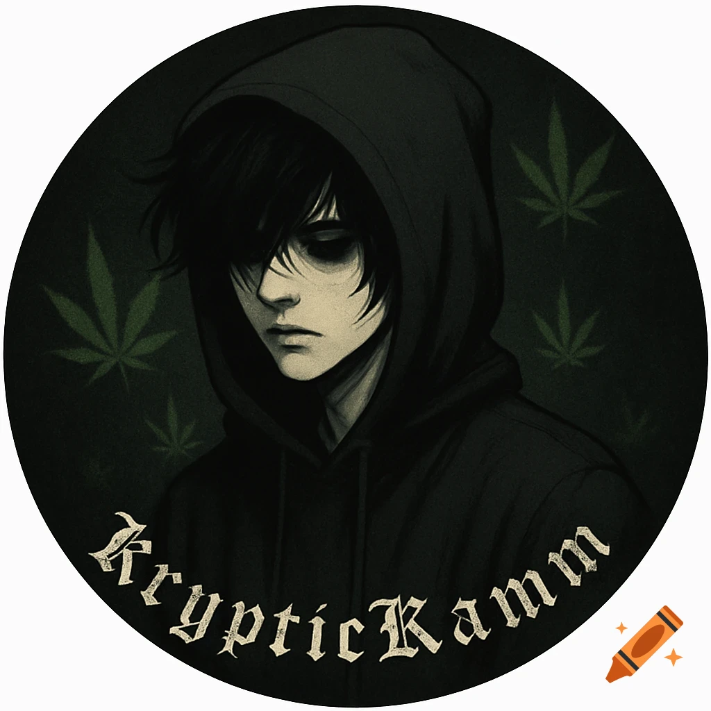 A circular, dark emo-style anime portrait of a character in a black hoodie with shadowy eyes, set against a background with subtle marijuana leaves and the text 'KrypticKamm'.