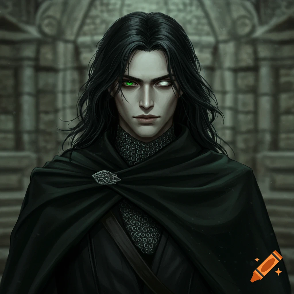 A serious young man with long black hair, pale skin, one green eye and one blind white eye, wearing a black medieval cloak over chainmail, standing in a stone hallway.