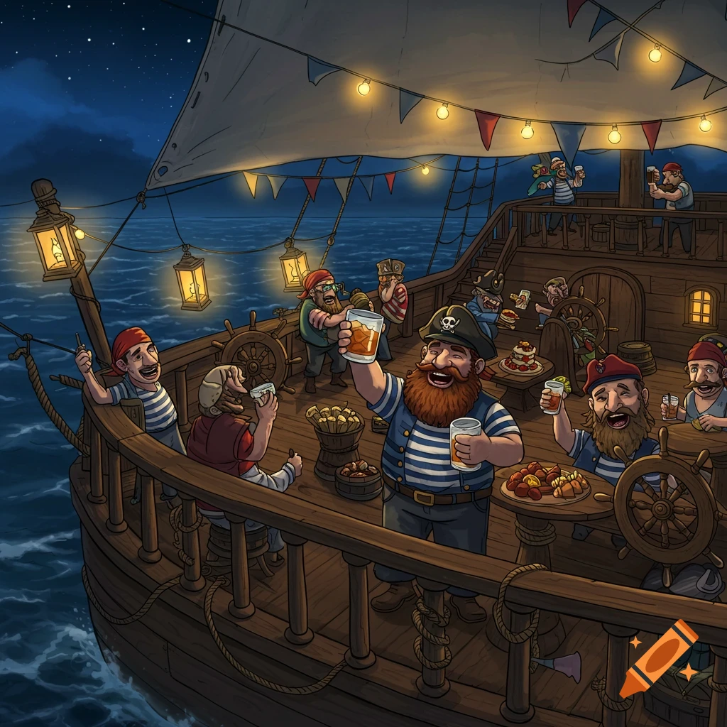 Cartoon illustration of jovial pirates celebrating on a ship at night, drinking and feasting under string lights.