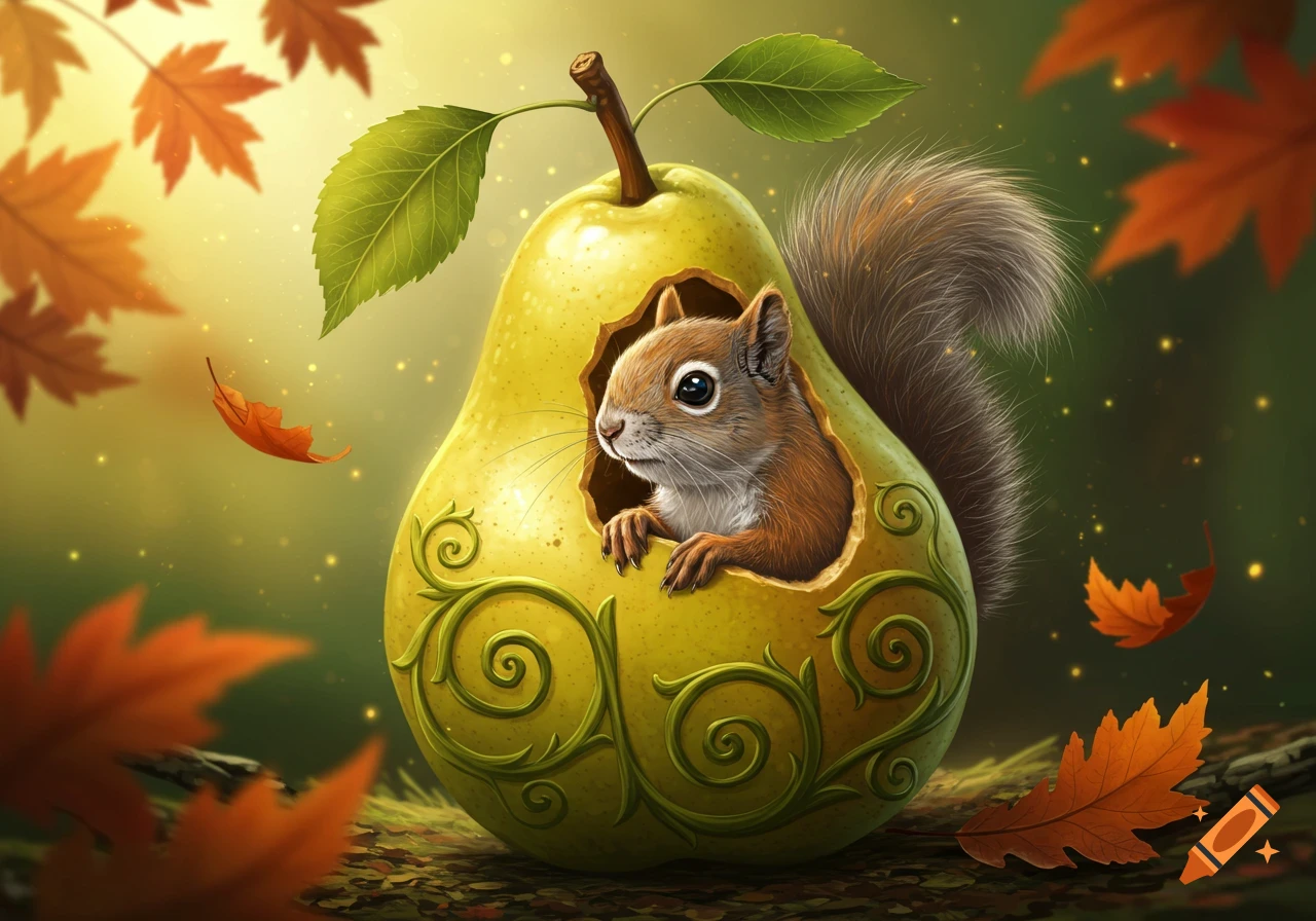 A cute squirrel peeks out of a hollowed-out yellow pear adorned with green vine patterns, surrounded by vibrant autumn leaves.