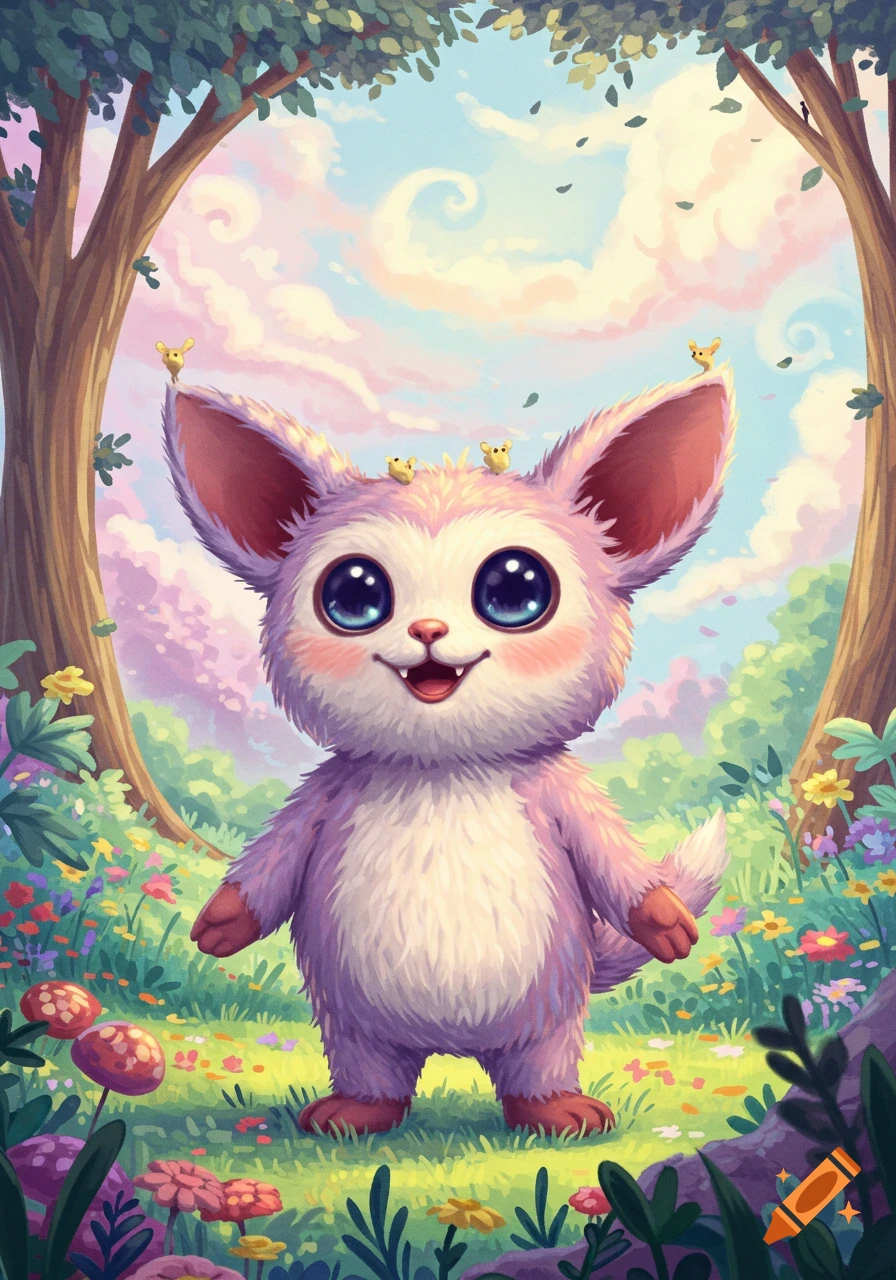 A fluffy, purple and white cartoon creature with big blue eyes smiles in a whimsical forest with flowers and tiny creatures on its head.