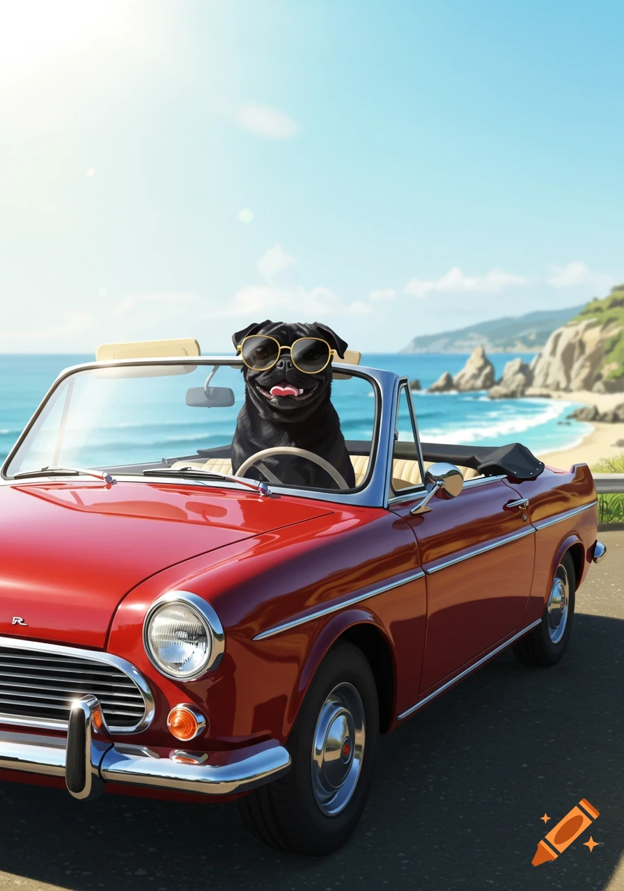 A black pug wearing sunglasses drives a red convertible along a scenic coastal road with the ocean and cliffs in the background.