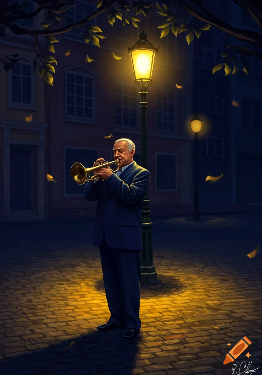 An old man playing a trumpet under a glowing lamppost on a cobblestone street at night, in an illustrative style.