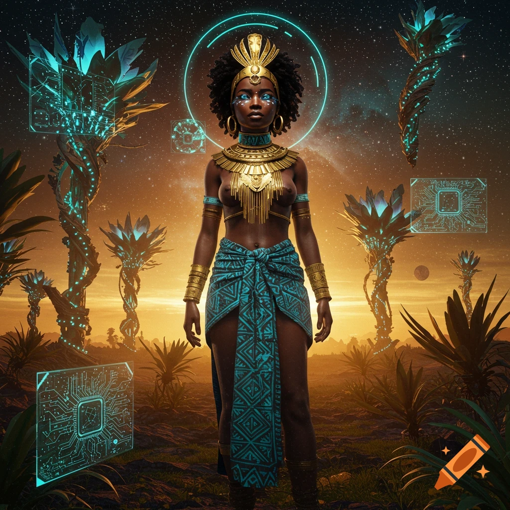Afrofuturistic woman in gold and teal attire standing in a futuristic landscape with glowing plants and circuit board elements.