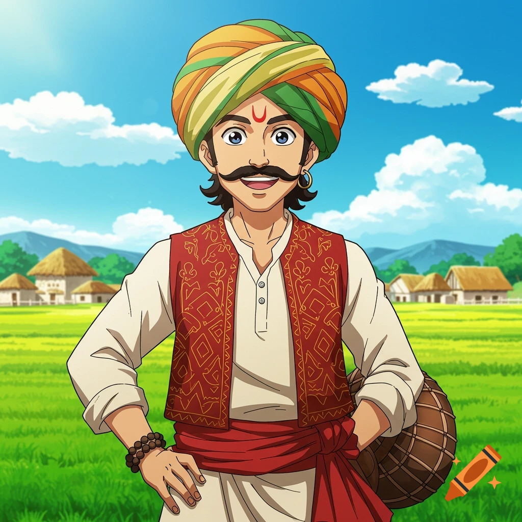 An anime man in a colorful turban and traditional red vest stands in a green field with houses in the background.