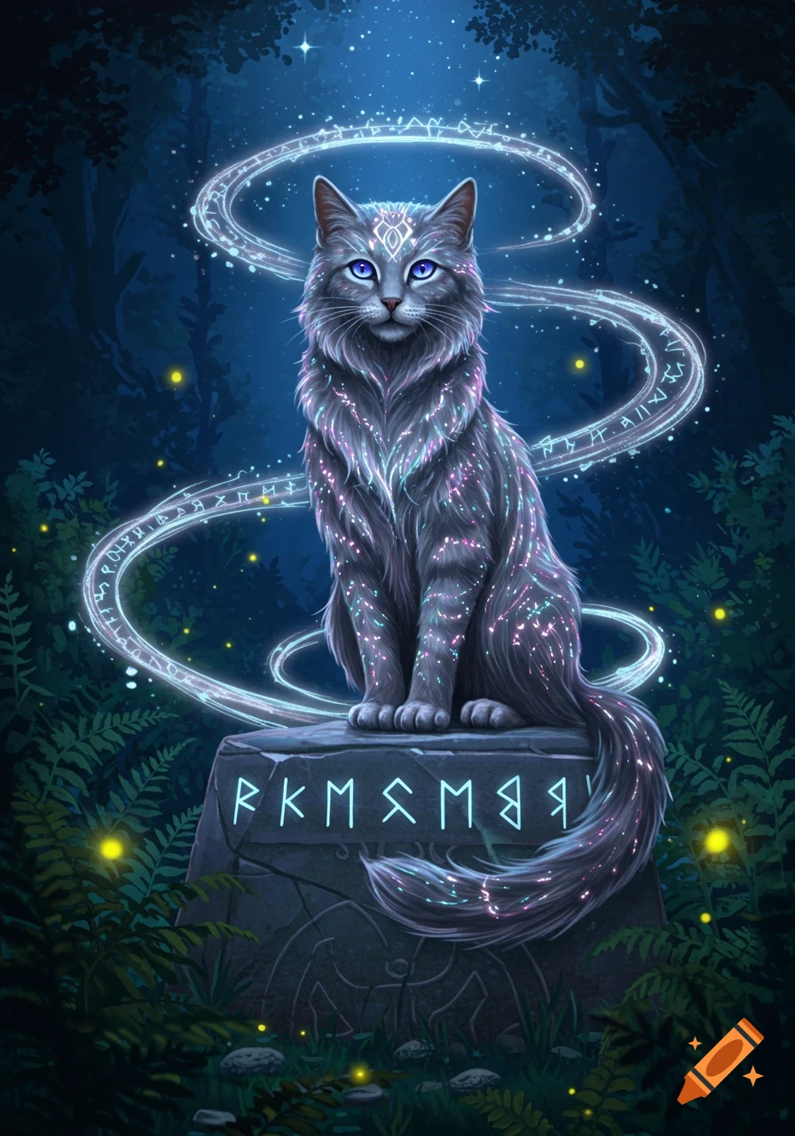 A mystical grey cat with glowing fur and blue eyes sits on a runic stone pedestal in a dark, magical forest.