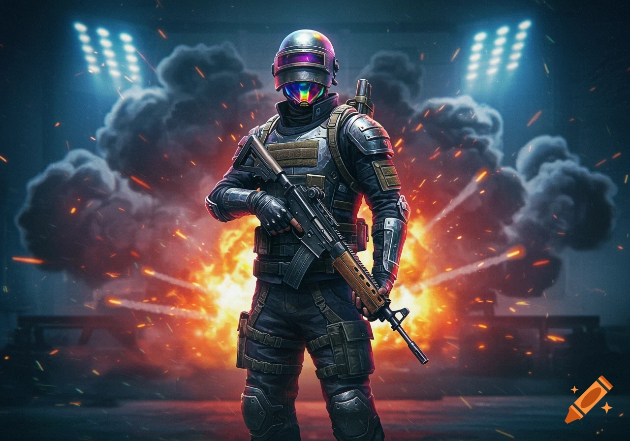 A detailed digital art image of a futuristic soldier in combat gear holding a rifle, standing amidst smoke and explosions with bright stadium lights above.