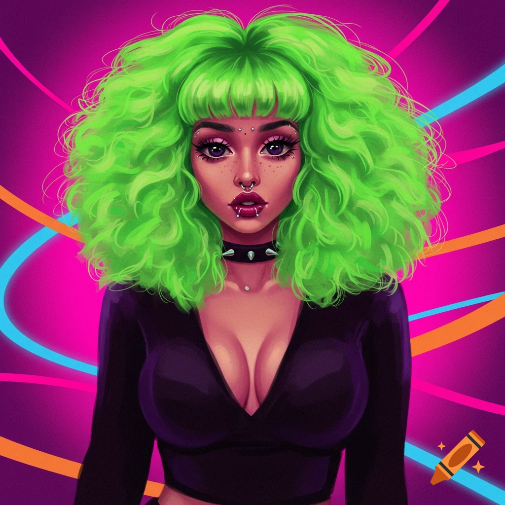 A stylized digital art portrait of a woman with voluminous neon green hair, baby bangs, multiple facial piercings, and a studded choker, wearing a low-cut black top against a vibrant pink background with neon lines.