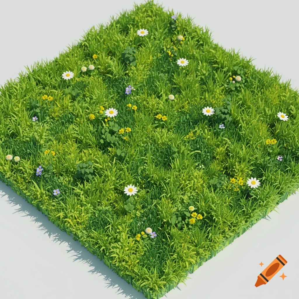 A square patch of vibrant green grass with scattered white, yellow, and purple wildflowers on a light background, viewed from an elevated angle.
