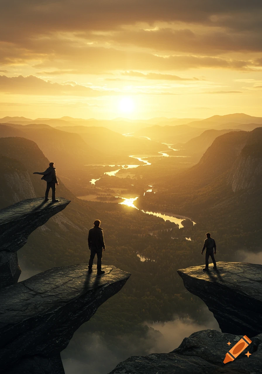Three men stand on separate cliff edges, looking out over a vast, sunlit valley with a winding river at sunset, photorealistic.