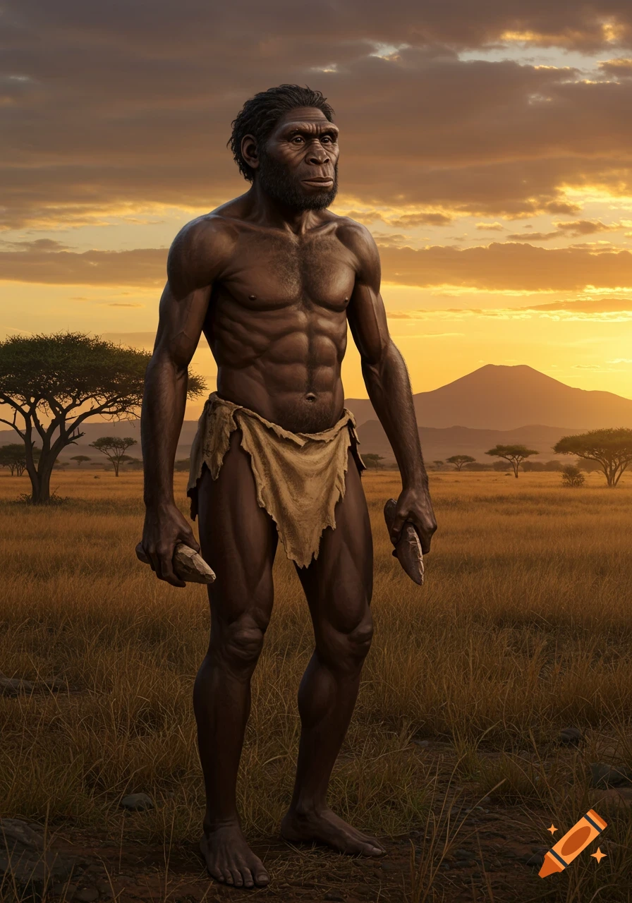 Photorealistic full-body portrait of an early Homo sapiens male, holding stone tools in an African savanna at sunset.