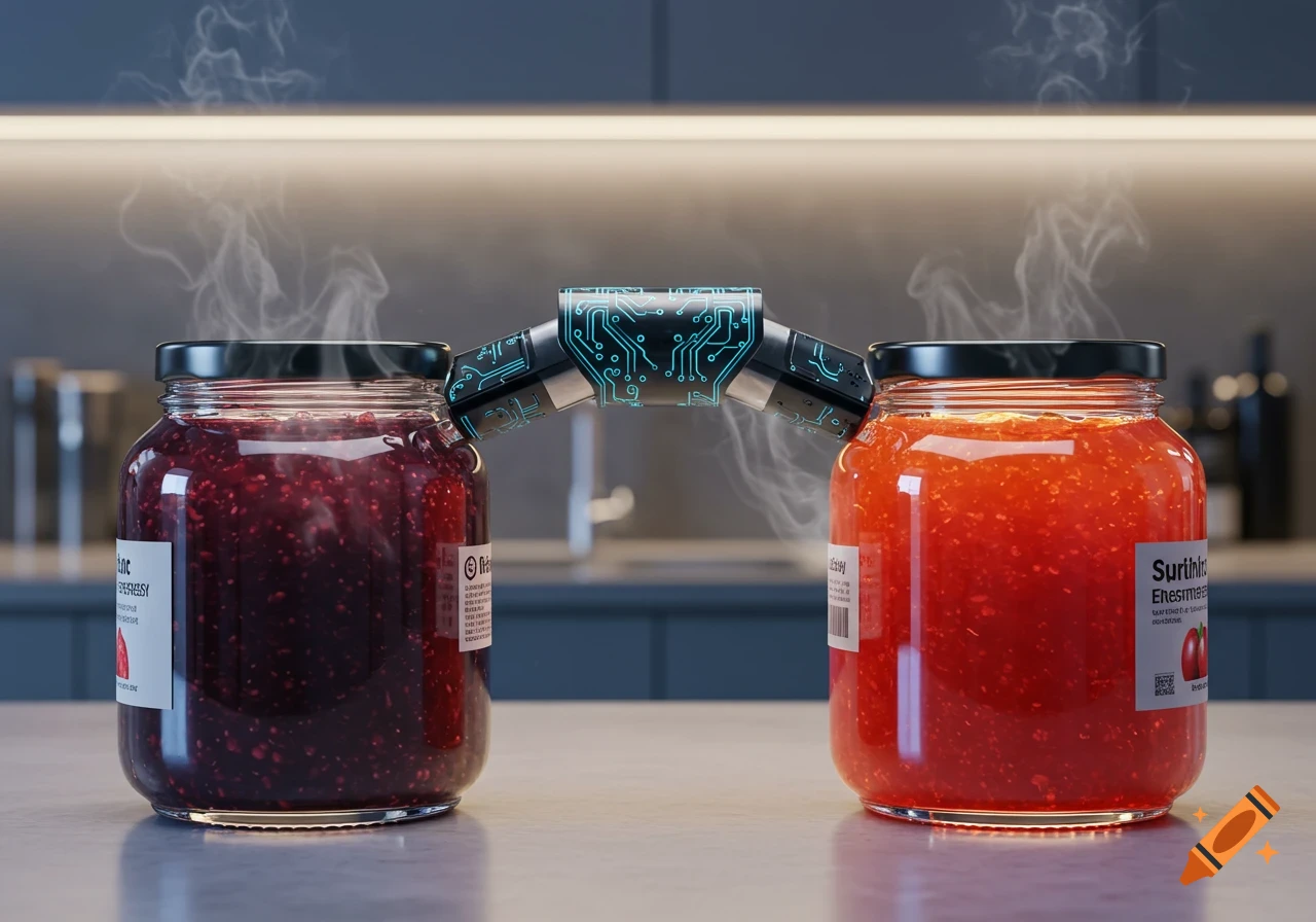 Two jars of steaming jam, red and purple, connected by a glowing circuit board device on a kitchen countertop.