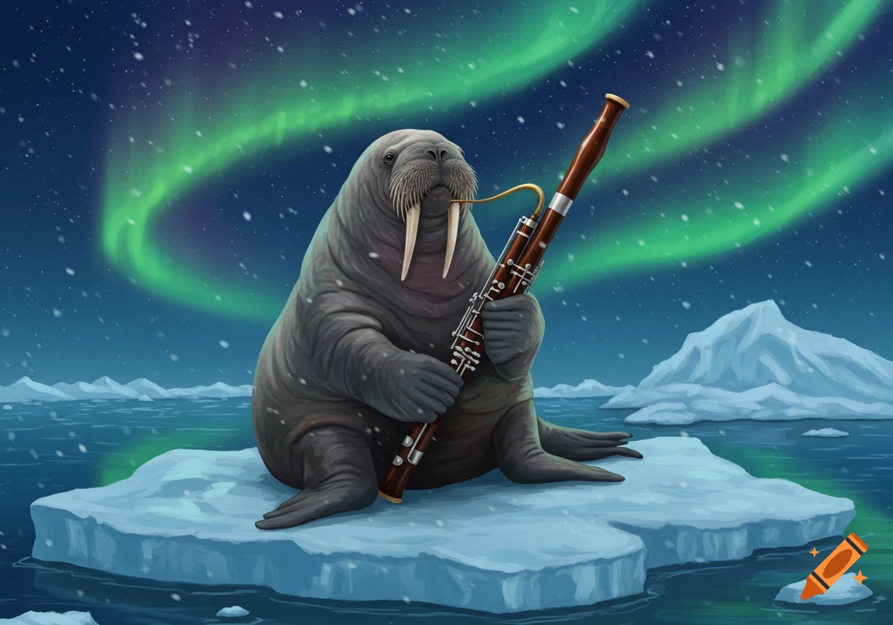 A walrus with tusks plays a bassoon while sitting on an ice floe under a green aurora borealis and falling snow.