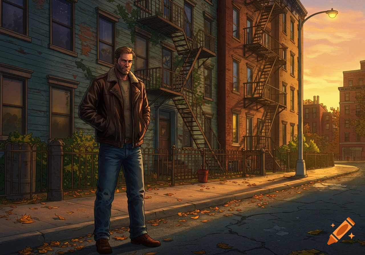 A man in a brown leather jacket stands on an autumn street with fallen leaves in front of old city buildings at sunset, in an illustrated style.