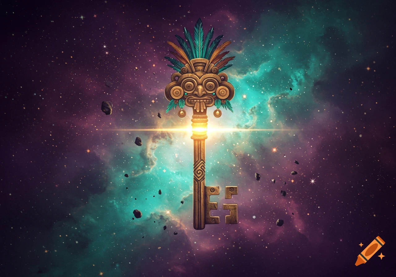 A golden shamanic key with a tribal mask and feathers floats in a vibrant purple and turquoise cosmic nebula.