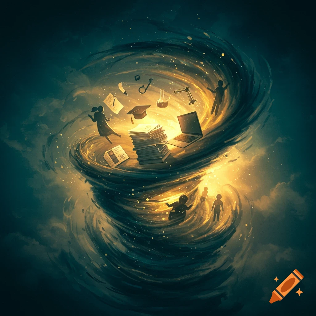 A stylized swirling vortex of light and shadow with books, laptop, grad cap, and silhouetted figures.