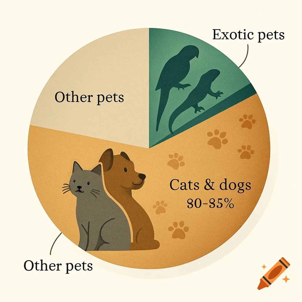 A pie chart displaying pet ownership categories, including 'Cats & dogs 80-85%', 'Exotic pets' with parrot and lizard silhouettes, and 'Other pets' sections.